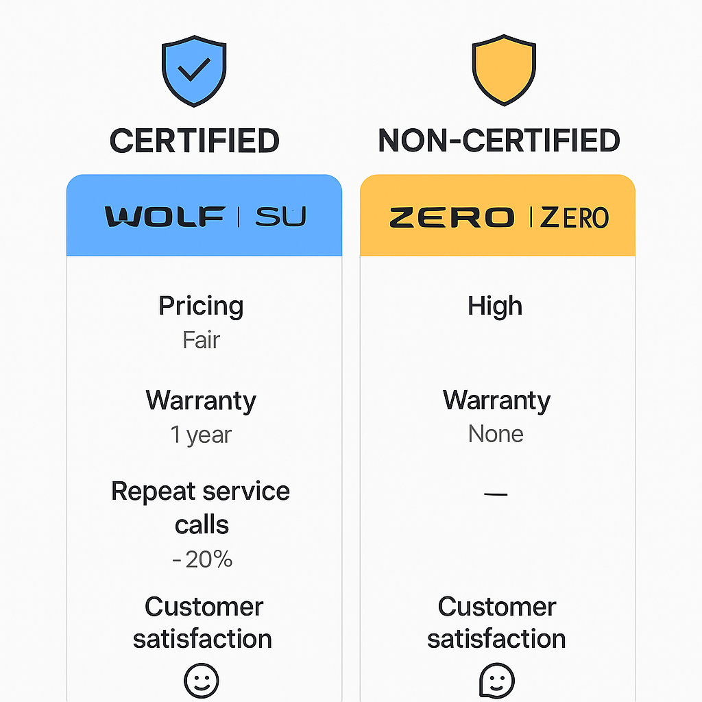 Comparison chart of certified vs non-certified Wolf Sub Zero repair providers highlighting benefits in pricing, warranty, and customer satisfaction.