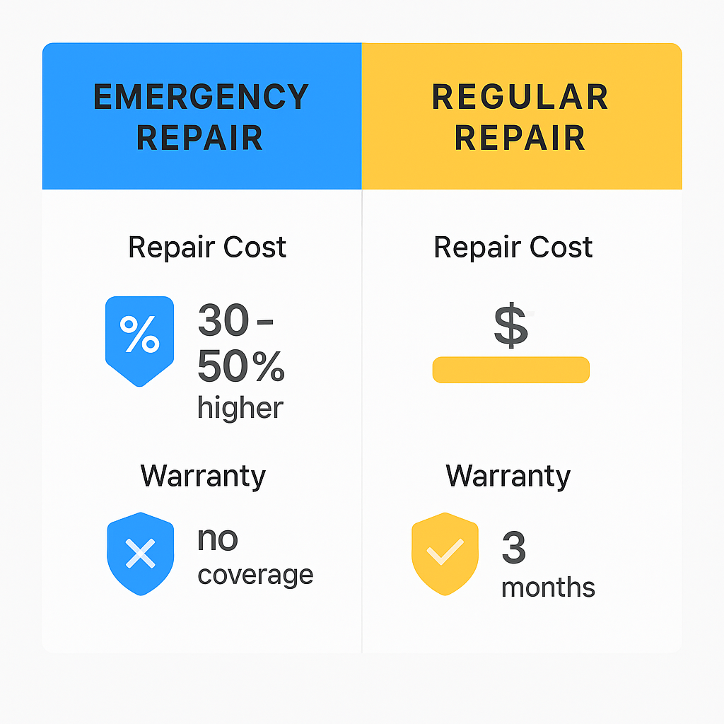 Side-by-side comparison of emergency versus regular Sub Zero fridge repair costs and warranty coverage in Rancho Cucamonga
