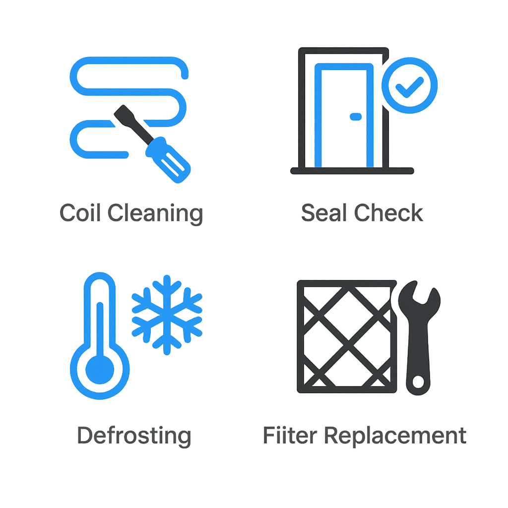 Icon set depicting coil cleaning, seal checks, defrosting, and filter replacement tasks