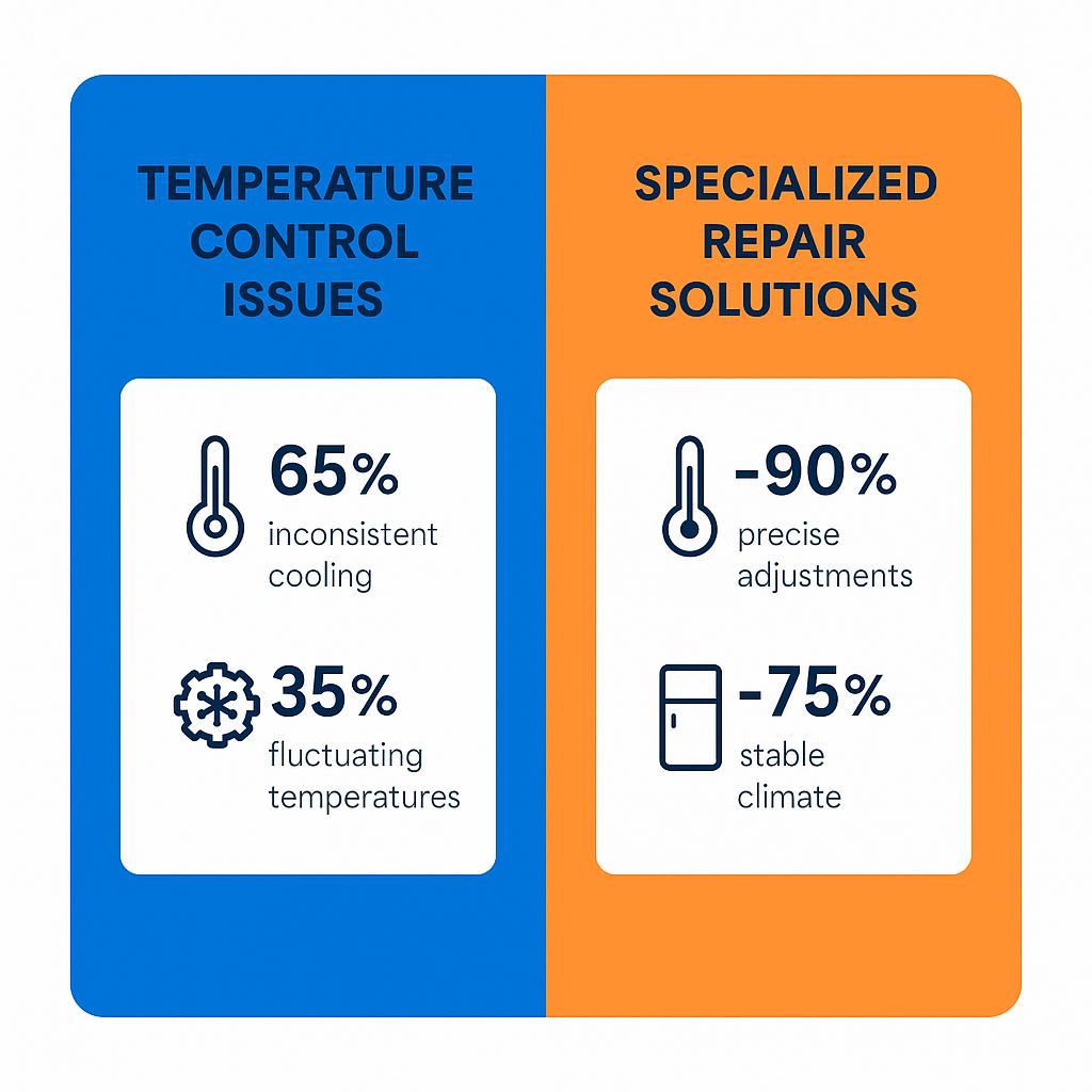 Side-by-side comparison chart of temperature control issues vs repair solutions for Subzero wine refrigerators