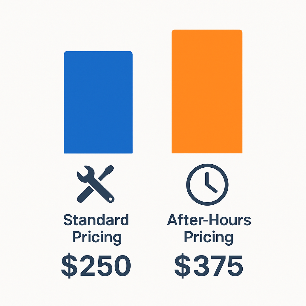 Side-by-side pricing comparison between standard and after-hours service rates for Sub Zero repairs.