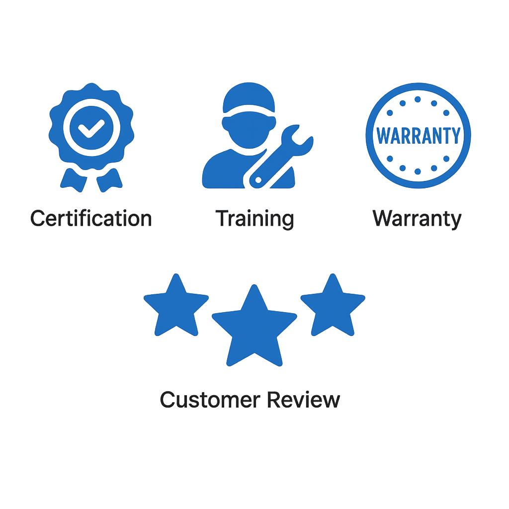 Trusted certification and technician quality icons to build customer confidence.