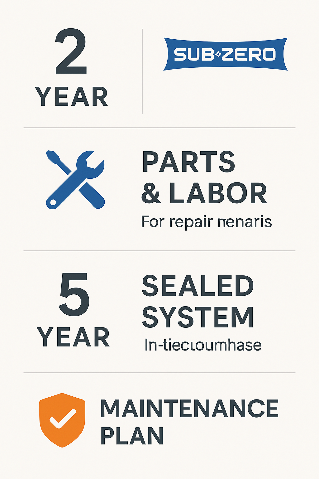 Infographic displaying warranty durations and benefits of maintenance plans for Sub Zero refrigerators in Merced