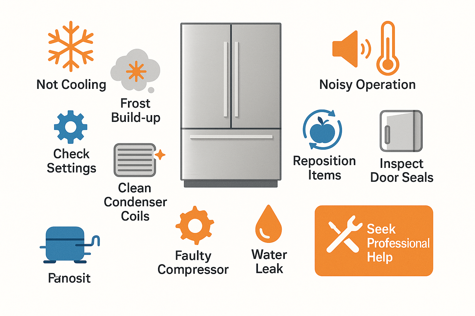 Infographic illustrating common Sub Zero refrigerator issues and troubleshooting steps
