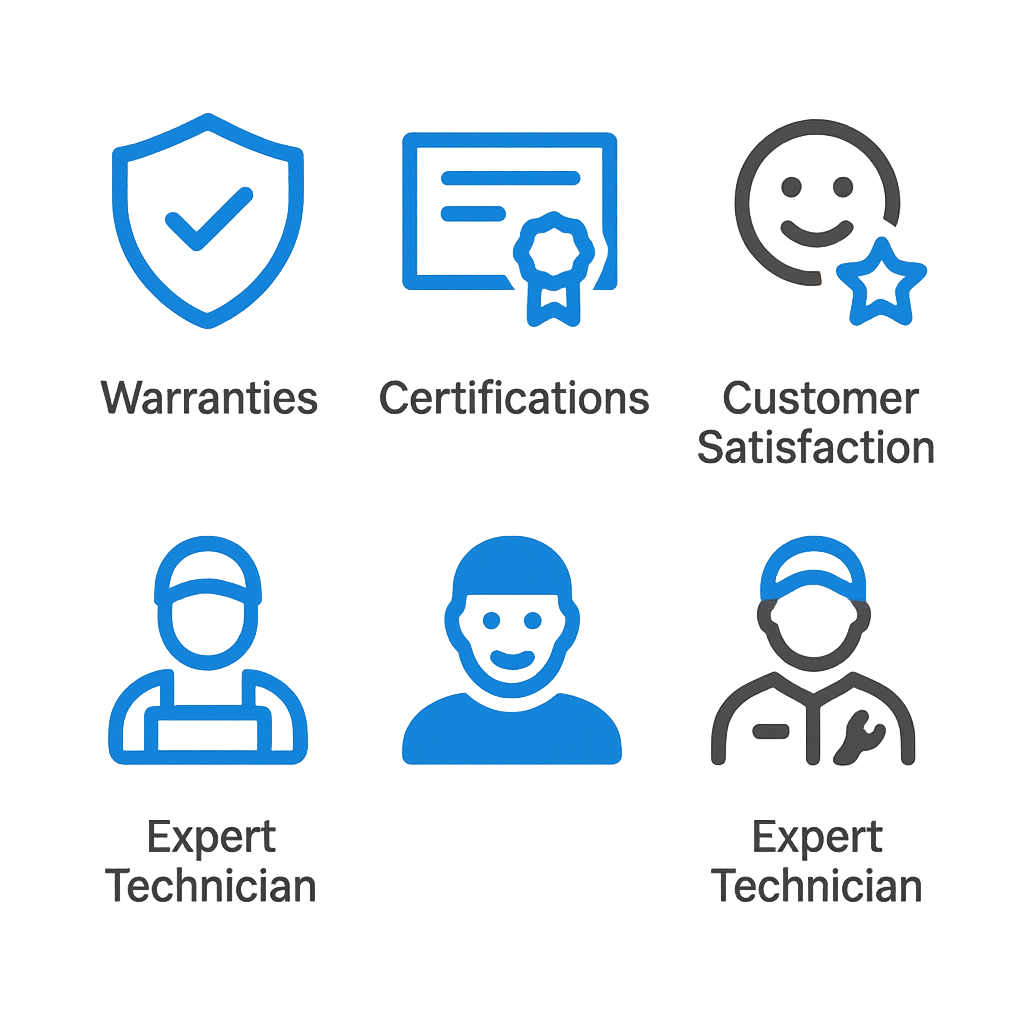 Icon set representing warranties, certifications, customer satisfaction, and expert technicians