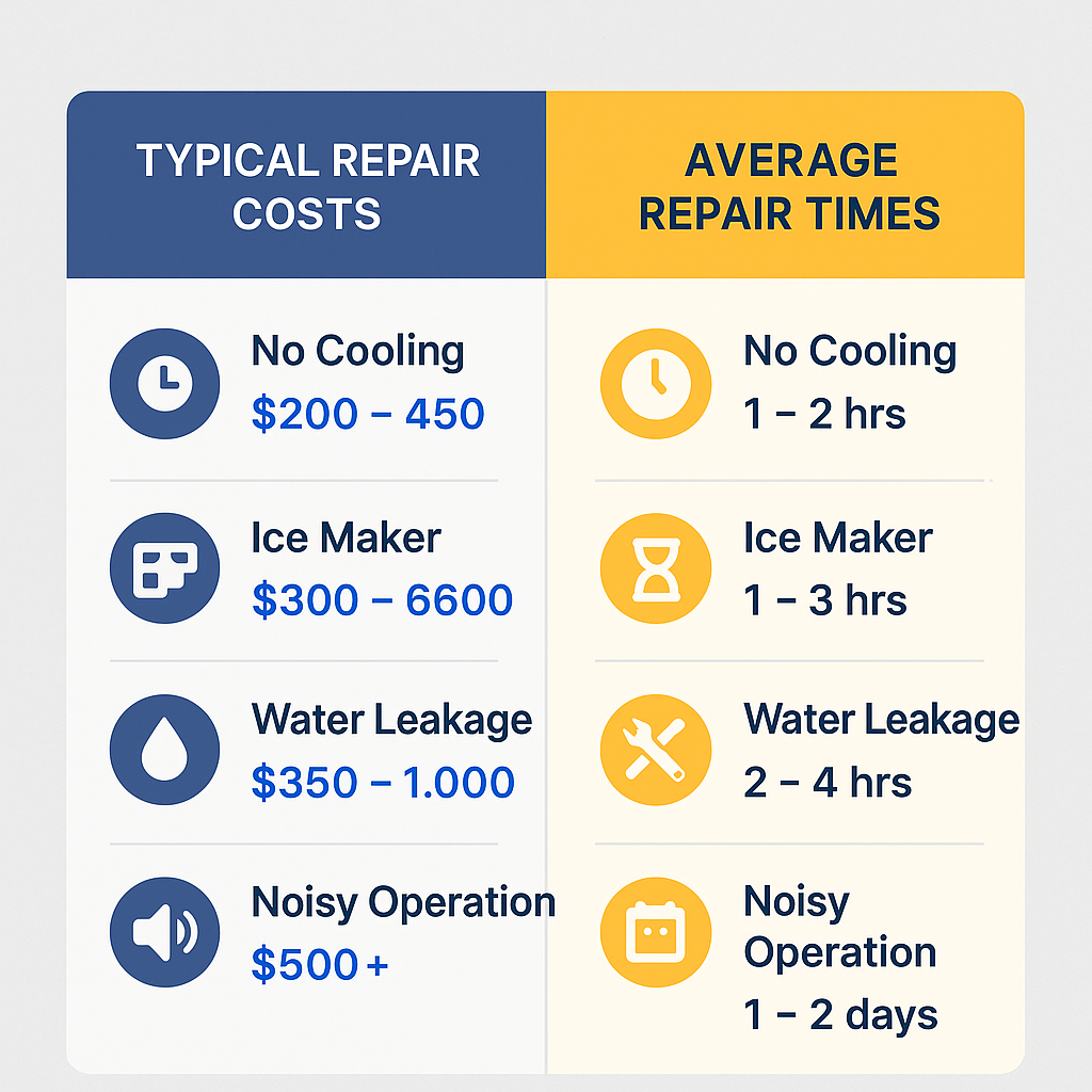 Comparison of typical costs and durations for repairing common Sub Zero fridge issues