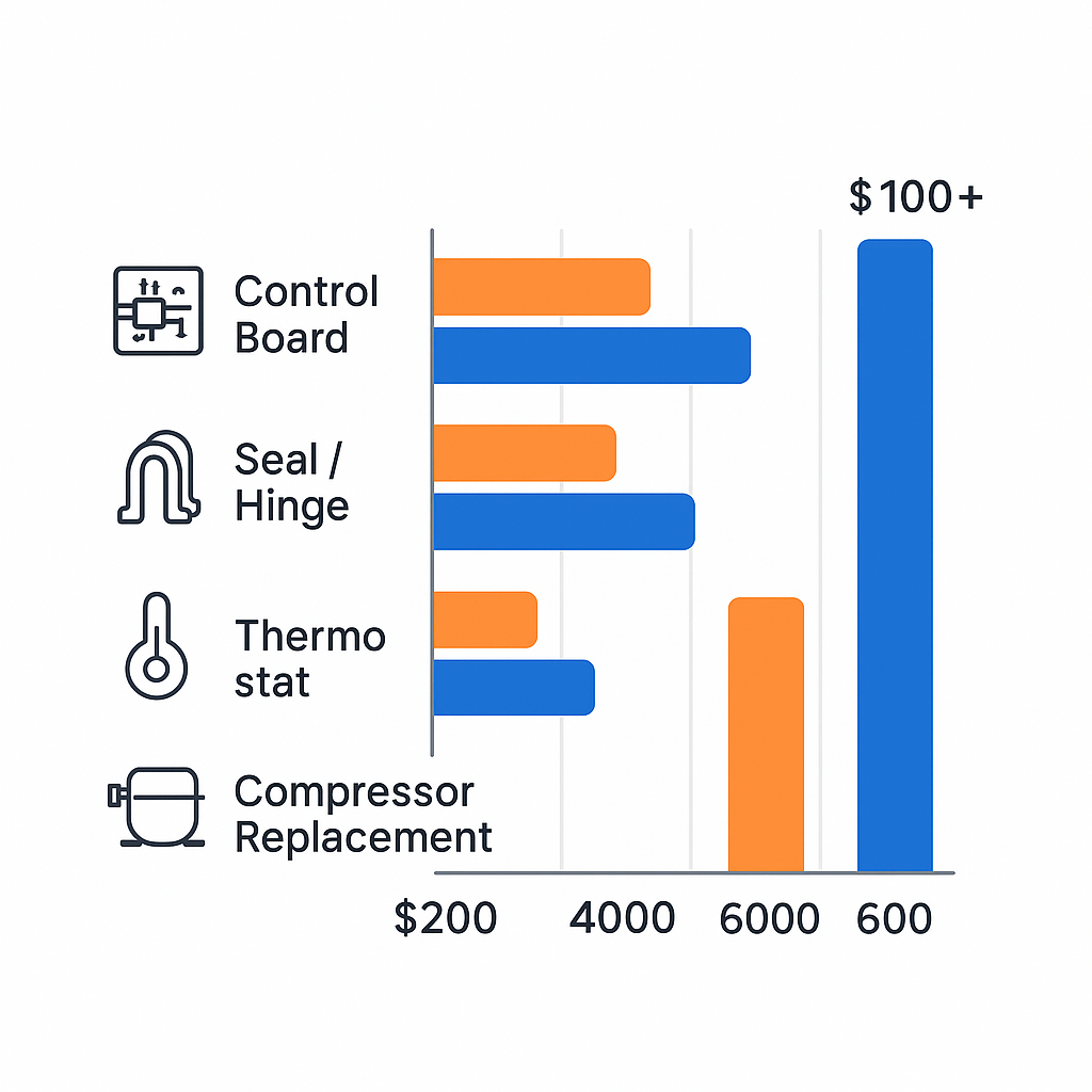 Side-by-side infographic showing Subzero refrigerator repair costs by repair type and urgency for Rialto area