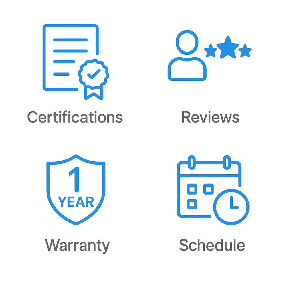 Icons representing technician certifications, customer reviews, warranty badges, and scheduling
