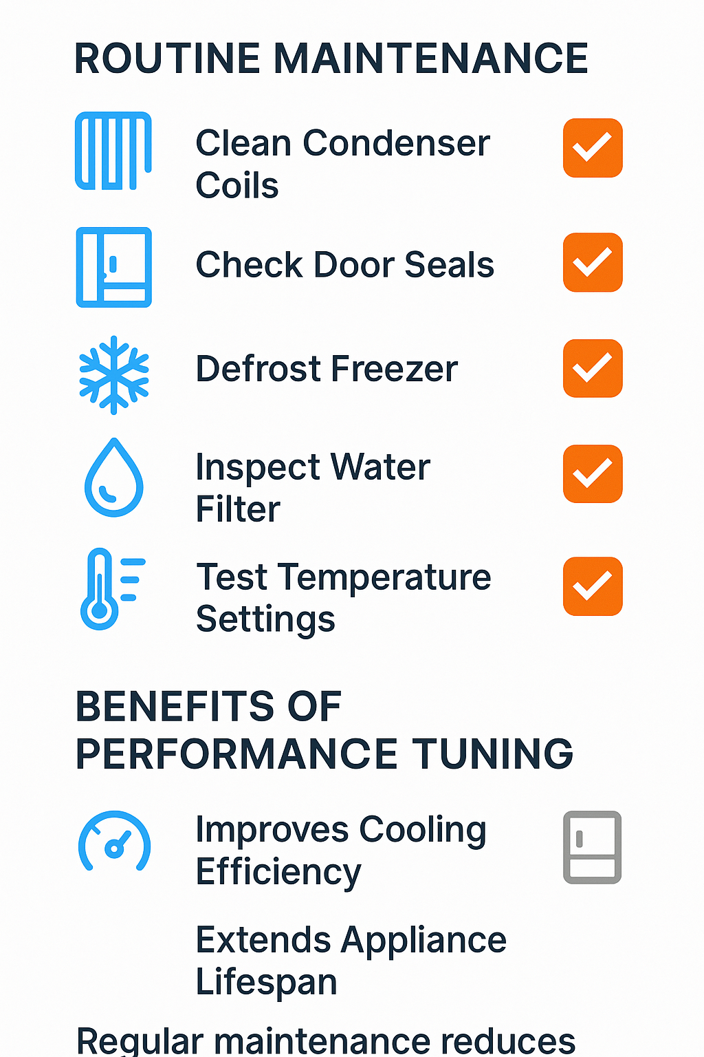 Infographic checklist of maintenance tasks and performance benefits for Subzero refrigerators.