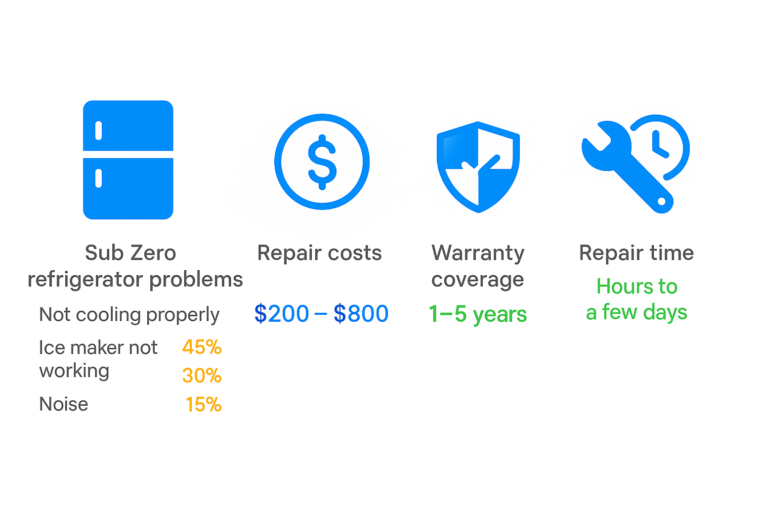 Infographic illustrating common Sub Zero refrigerator problems, costs, warranties, and repair timelines in Greeley