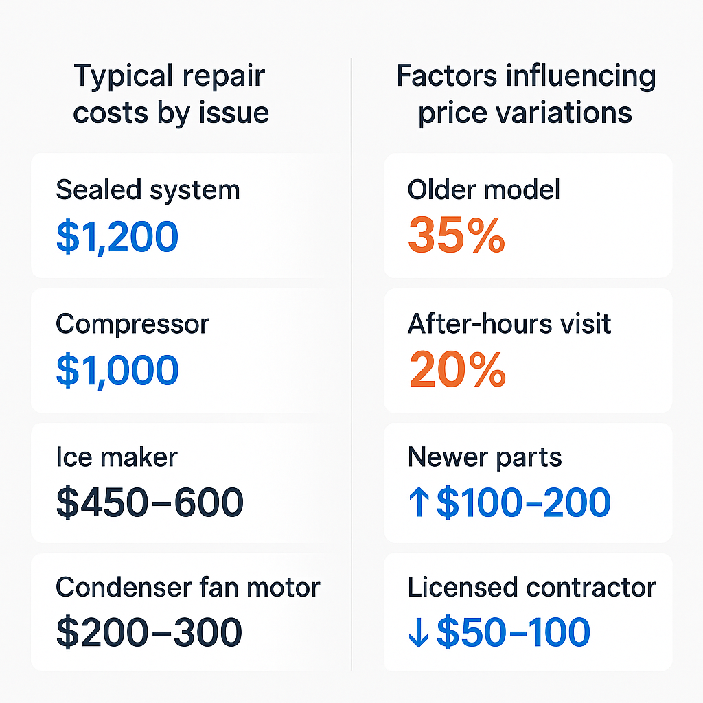 Comparison chart showing typical Sub Zero fridge repair costs by issue type and influencing factors in Thornton