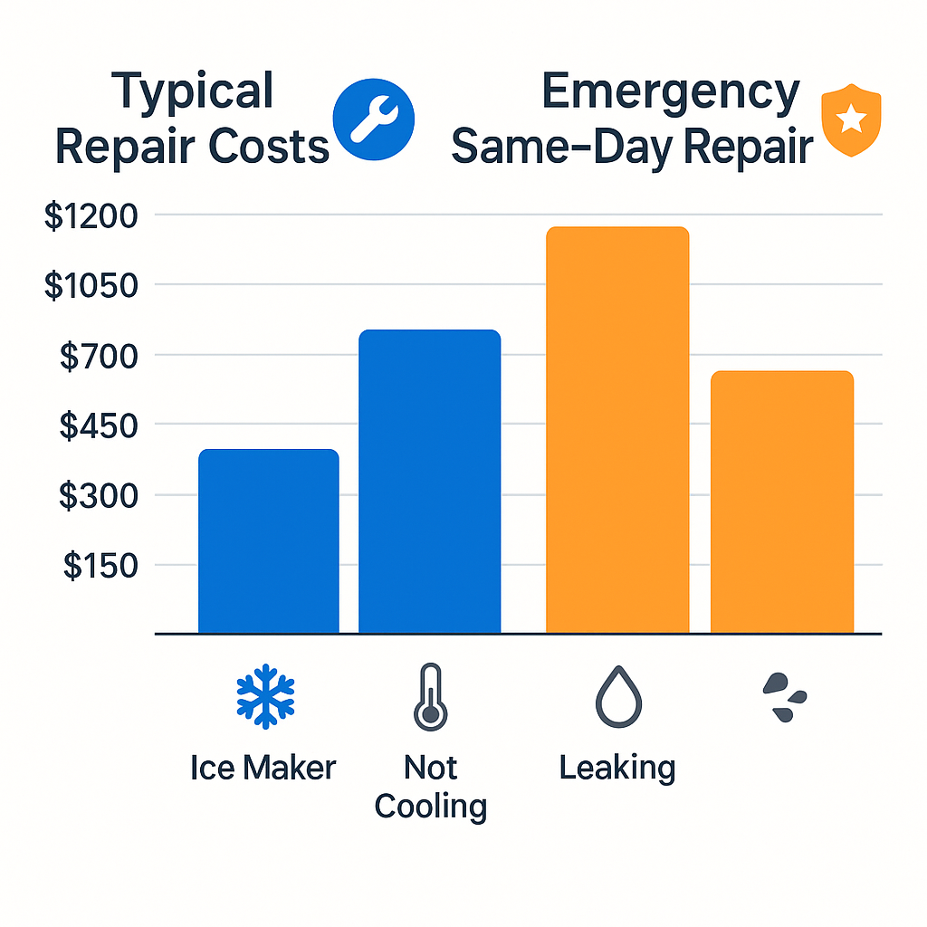 Visual comparison chart showing typical Sub Zero fridge repair costs versus emergency same-day pricing in Port Saint Lucie
