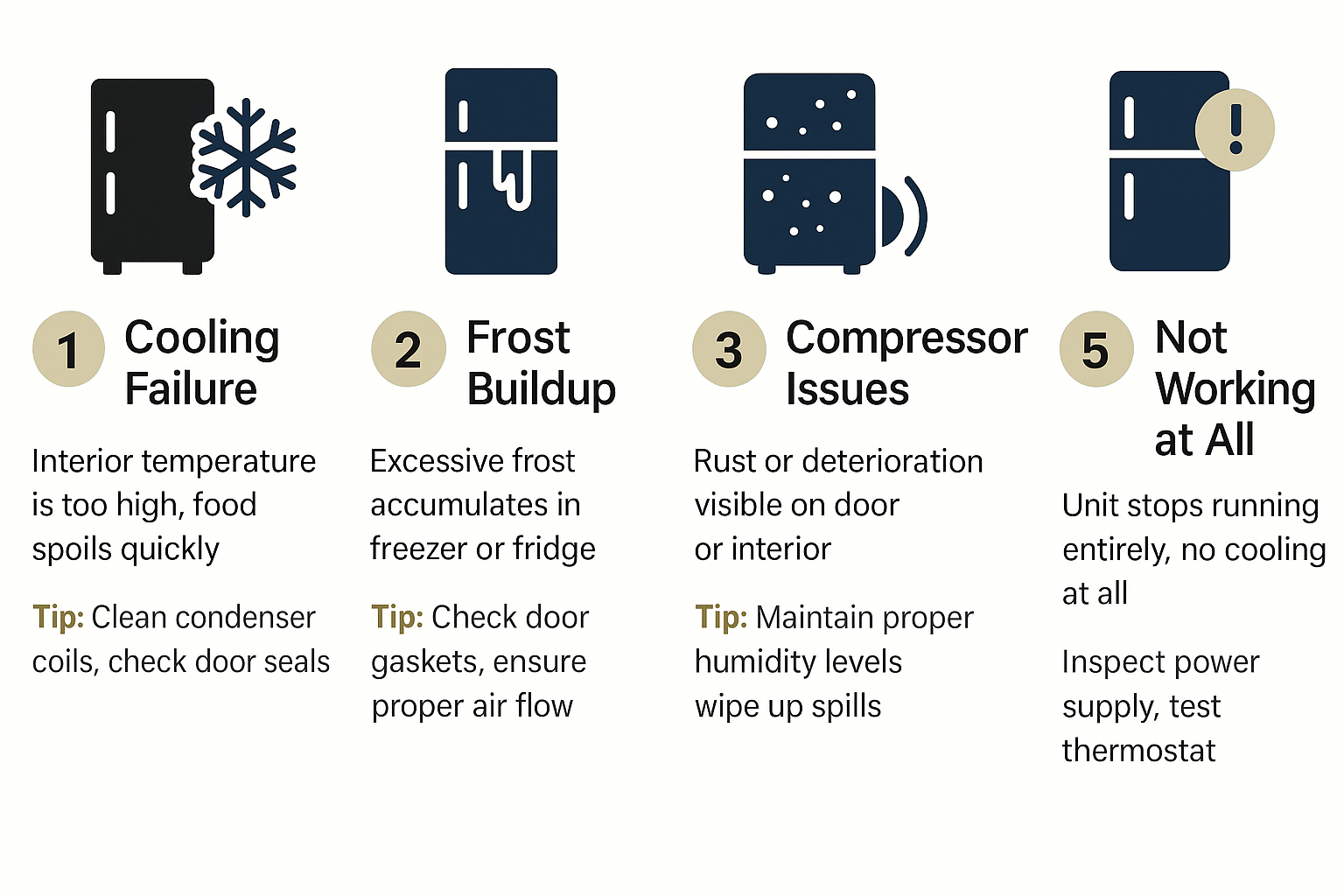 Infographic showing top 5 common Sub Zero refrigerator problems in Palm Bay with brief descriptions and prevention tips