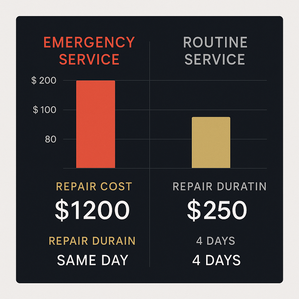 Comparison chart of Sub Zero refrigerator repair costs and repair durations in Palm Bay highlighting emergency and routine services