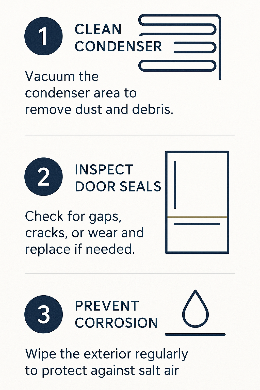 Infographic showing yearly maintenance tips for Sub Zero refrigerator longevity in coastal environments