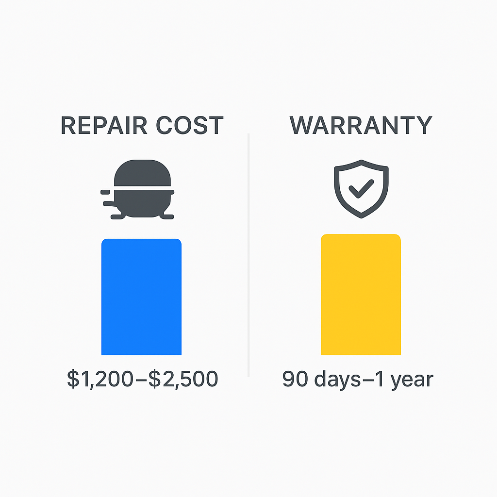 Side-by-side infographic comparing Subzero refrigerator repair costs and warranty durations in Saint Petersburg