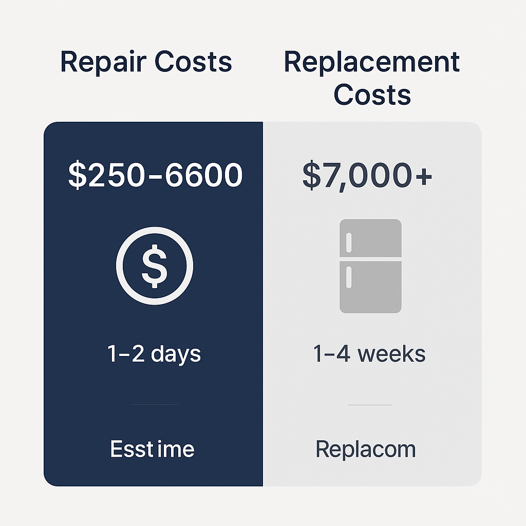 Comparison infographic illustrating average repair and replacement costs of Subzero refrigerators in Tallahassee.