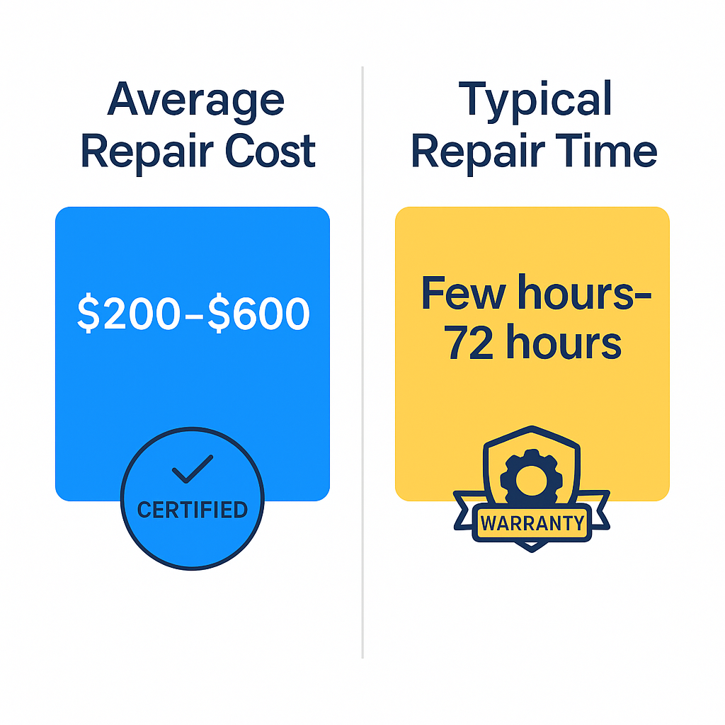 Comparison chart of average repair costs and repair durations for Subzero appliances in Leesburg