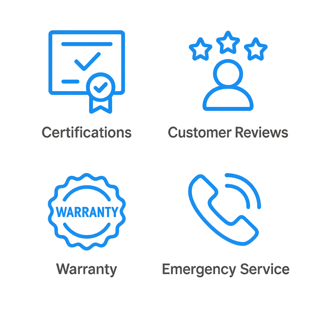 Icon set depicting certifications, customer trust signals, warranty badges, and emergency repair availability