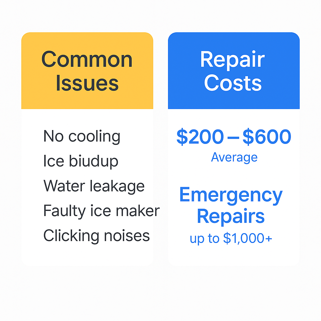 Comparison chart illustrating common Sub Zero appliance issues and typical repair costs in Miami Gardens