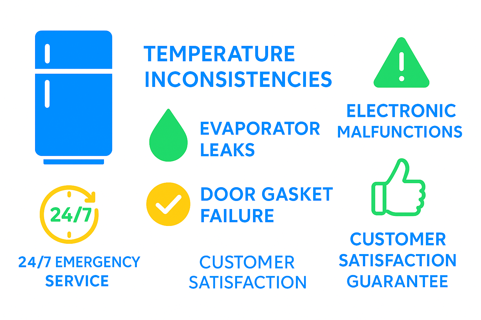 Infographic summarizing common Sub Zero refrigerator issues including temperature problems, leaks, door gasket failures, and electronics