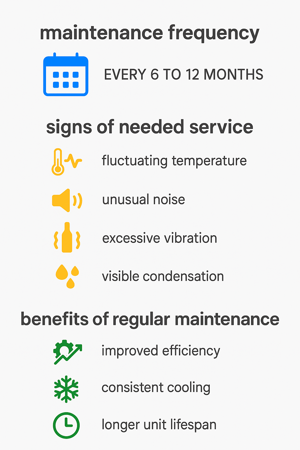 Infographic visualizing maintenance frequency, service signs, and benefits for Sub Zero wine coolers