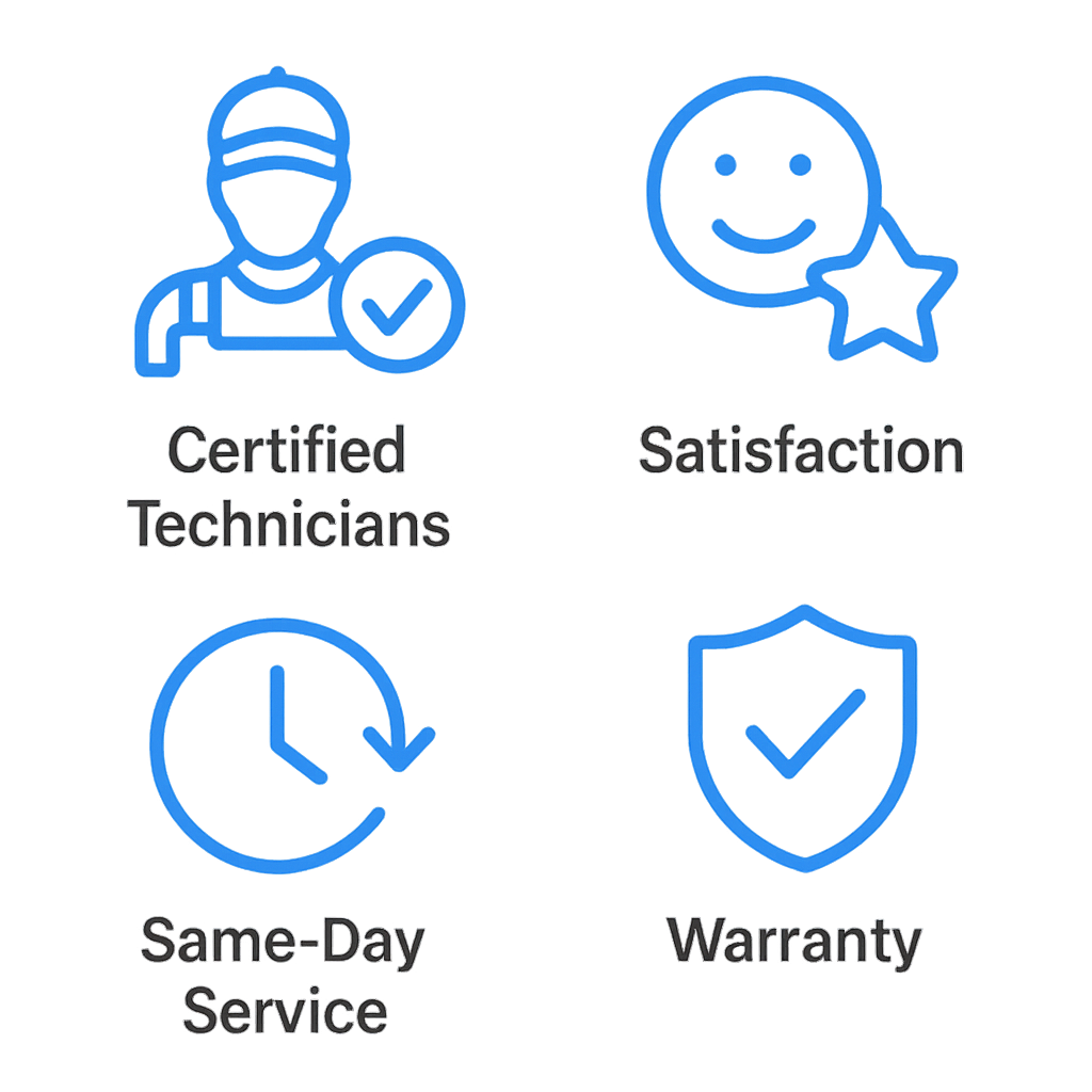 Icon set representing certified technicians, customer satisfaction, same-day service, and warranty coverage