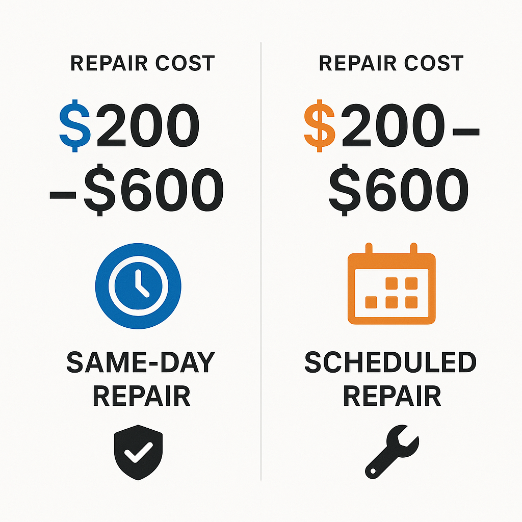 Side-by-side comparison of repair cost ranges and service options including same-day vs scheduled repairs