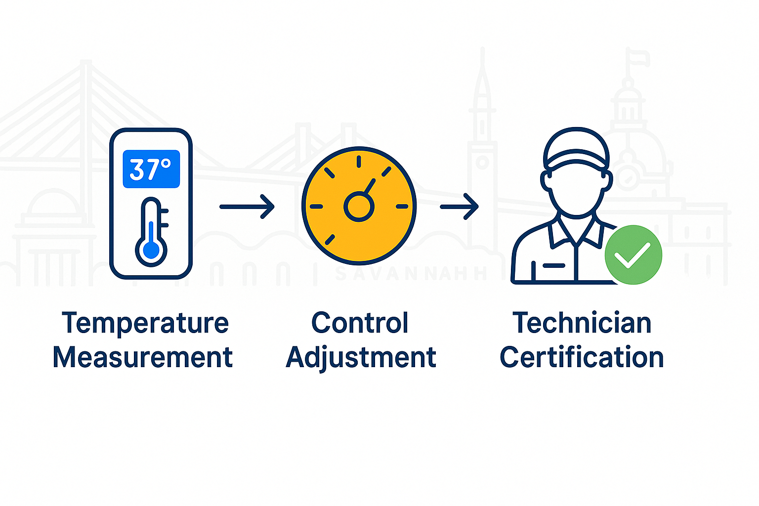 Clear infographic illustrating temperature measurement, control adjustment, and certification steps in fridge calibration.