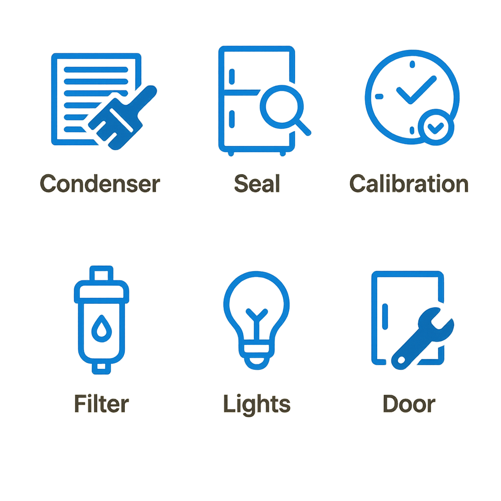 Visual icons highlighting routine care tasks to ensure optimal refrigerator performance.