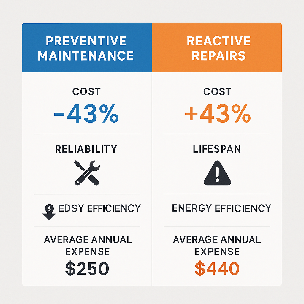 Side-by-side analysis of preventive maintenance plans versus reactive repairs benefits and costs.