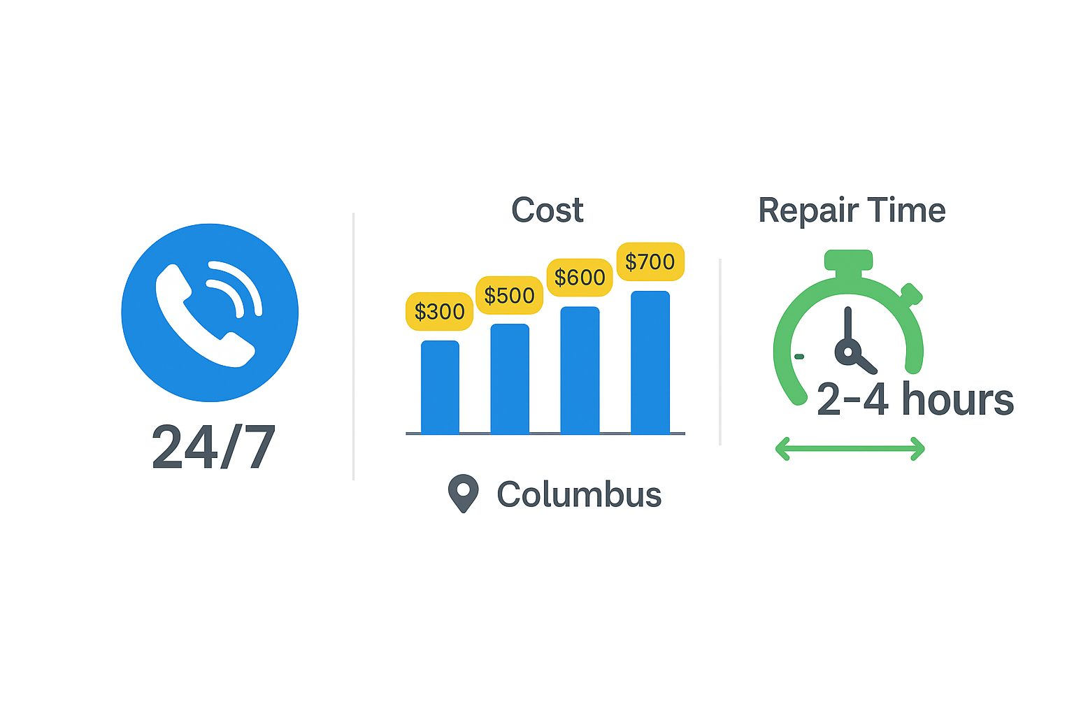 Emergency repair service infographic highlighting availability, pricing, and response times.