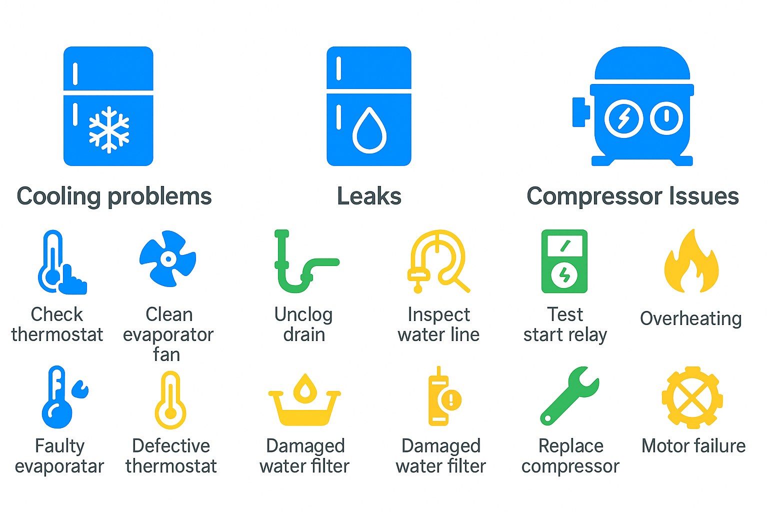 Infographic illustrating common Sub Zero refrigerator problems and causes in Marysville