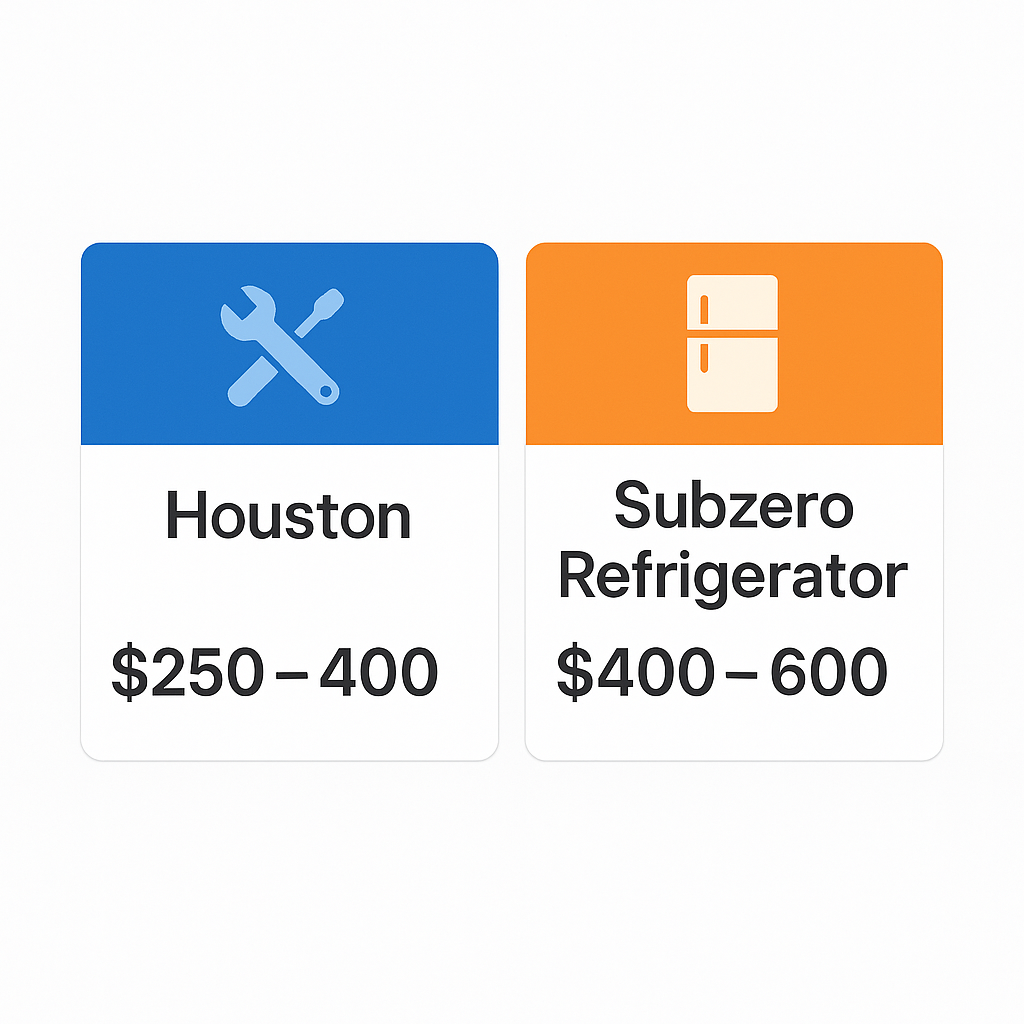 Comparison infographic showing repair cost ranges for Subzero refrigerator issues in Houston.