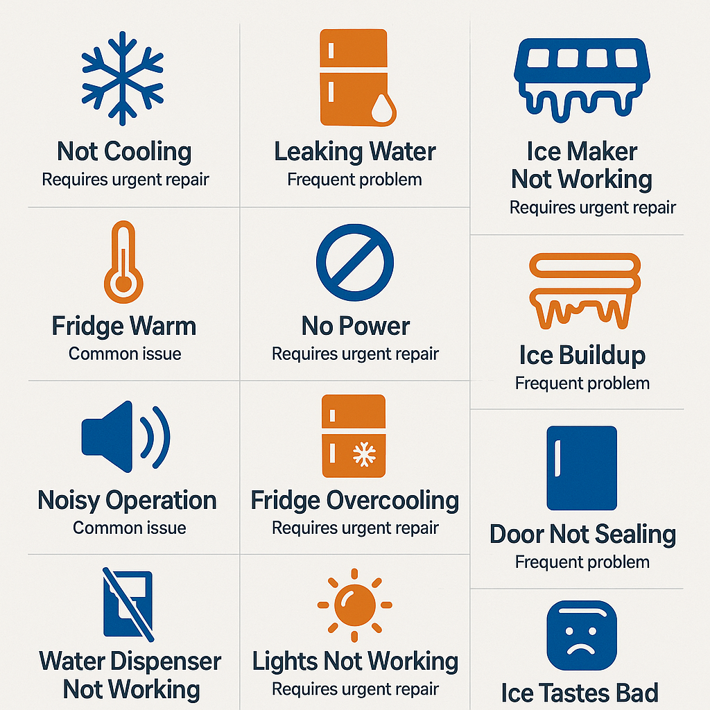 Infographic showing 12 common Sub Zero refrigerator problems with icons and brief explanations for El Paso customers