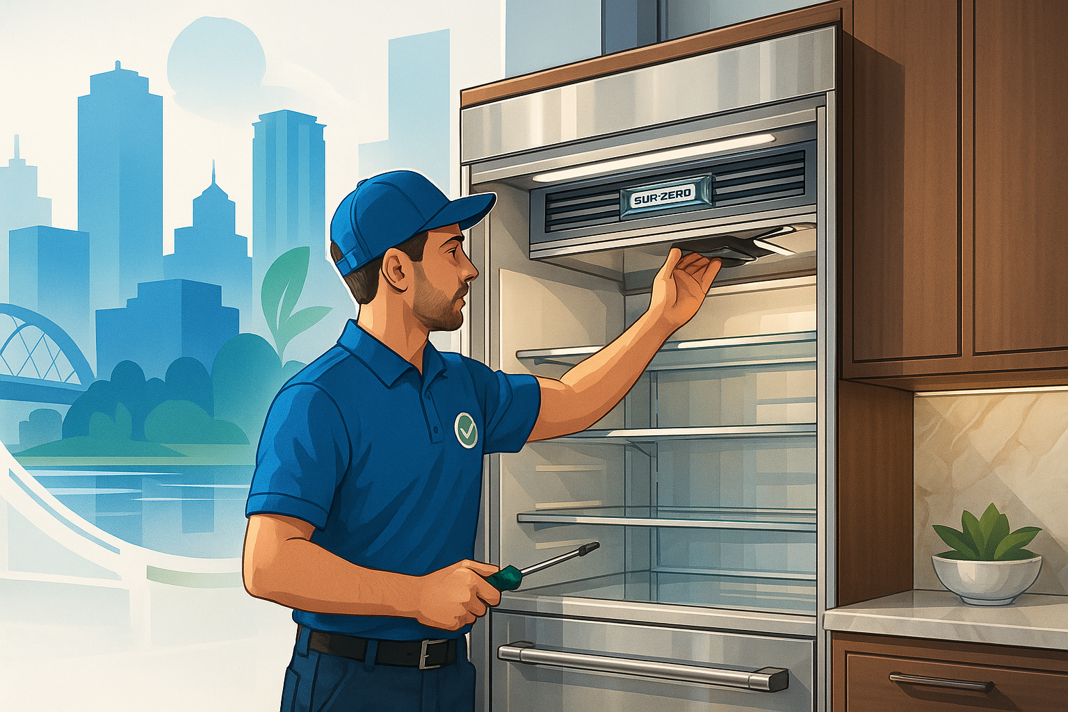Luxury Sub Zero appliance with a skilled technician in Fort Worth, illustrating professional maintenance services.