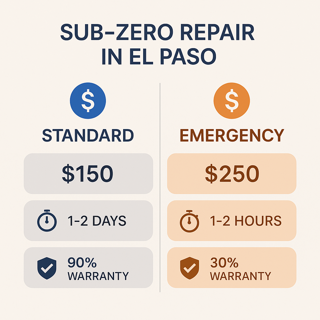 Side-by-side comparison chart of standard versus emergency Sub Zero refrigerator repair services highlighting pricing, response time, and warranty coverage