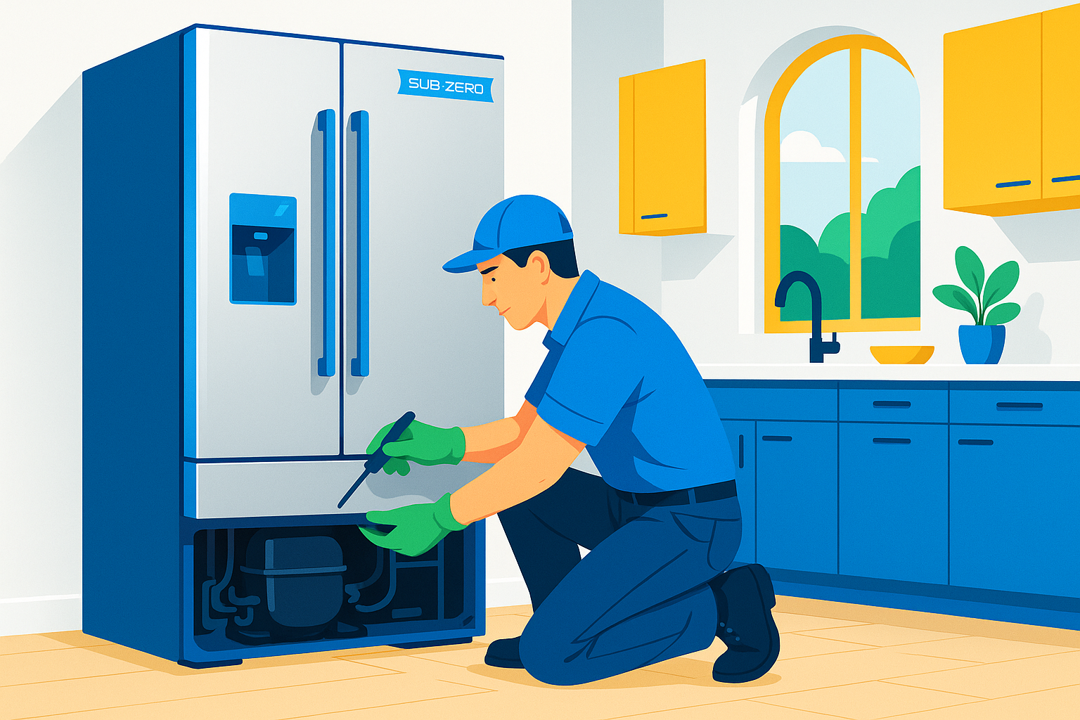Hero image showing a technician working on a Sub Zero fridge in a modern kitchen, symbolizing professional repair services in Arlington.