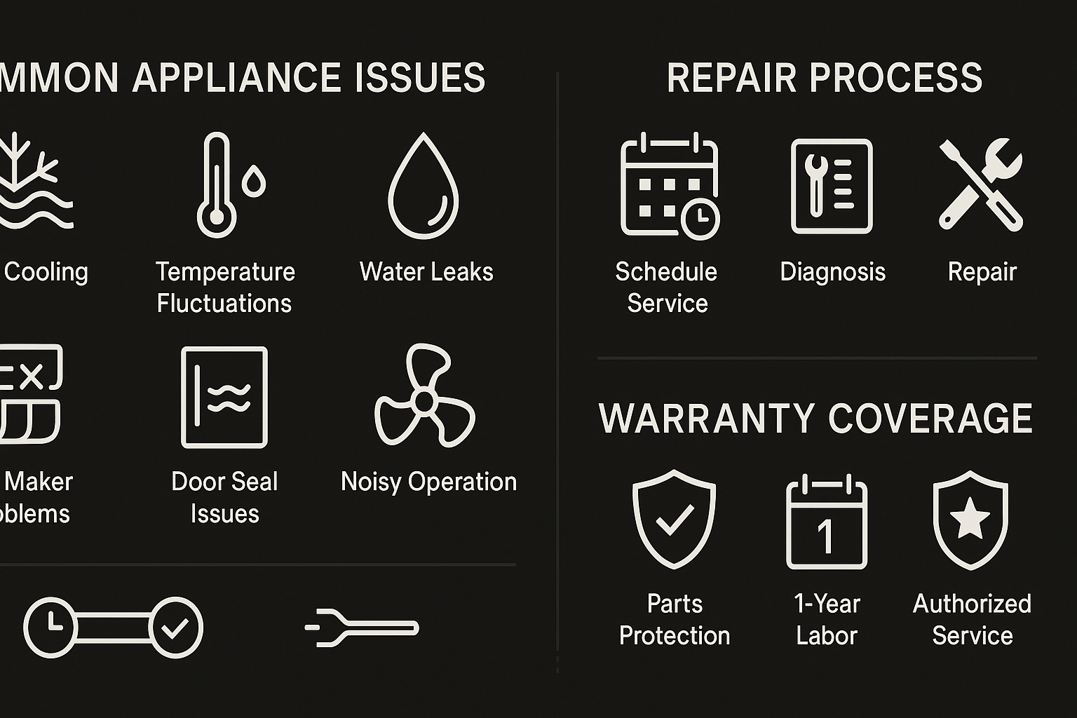 Infographic detailing common Sub Zero appliance issues, repair process steps, and warranty coverage