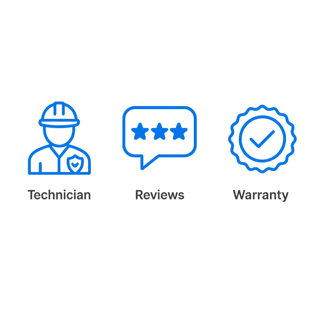 Icon set representing technician certifications, customer reviews, and warranty badges