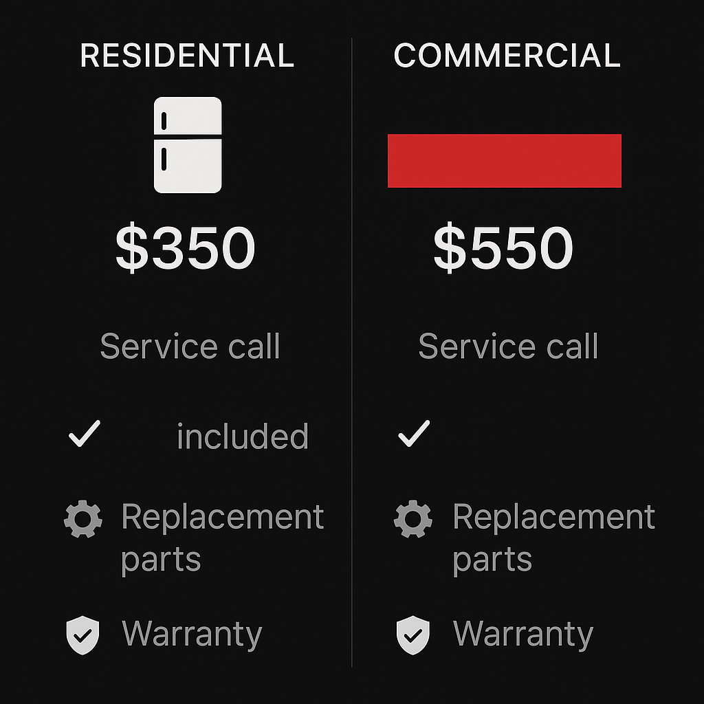 Comparison chart of residential versus commercial Sub Zero repair costs and service features