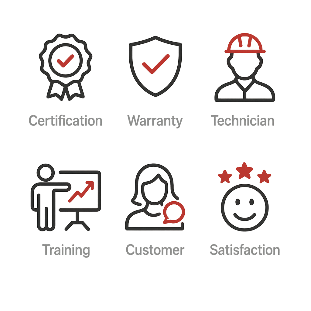 Set of certification and warranty icons highlighting trustworthiness, technician training, and customer satisfaction