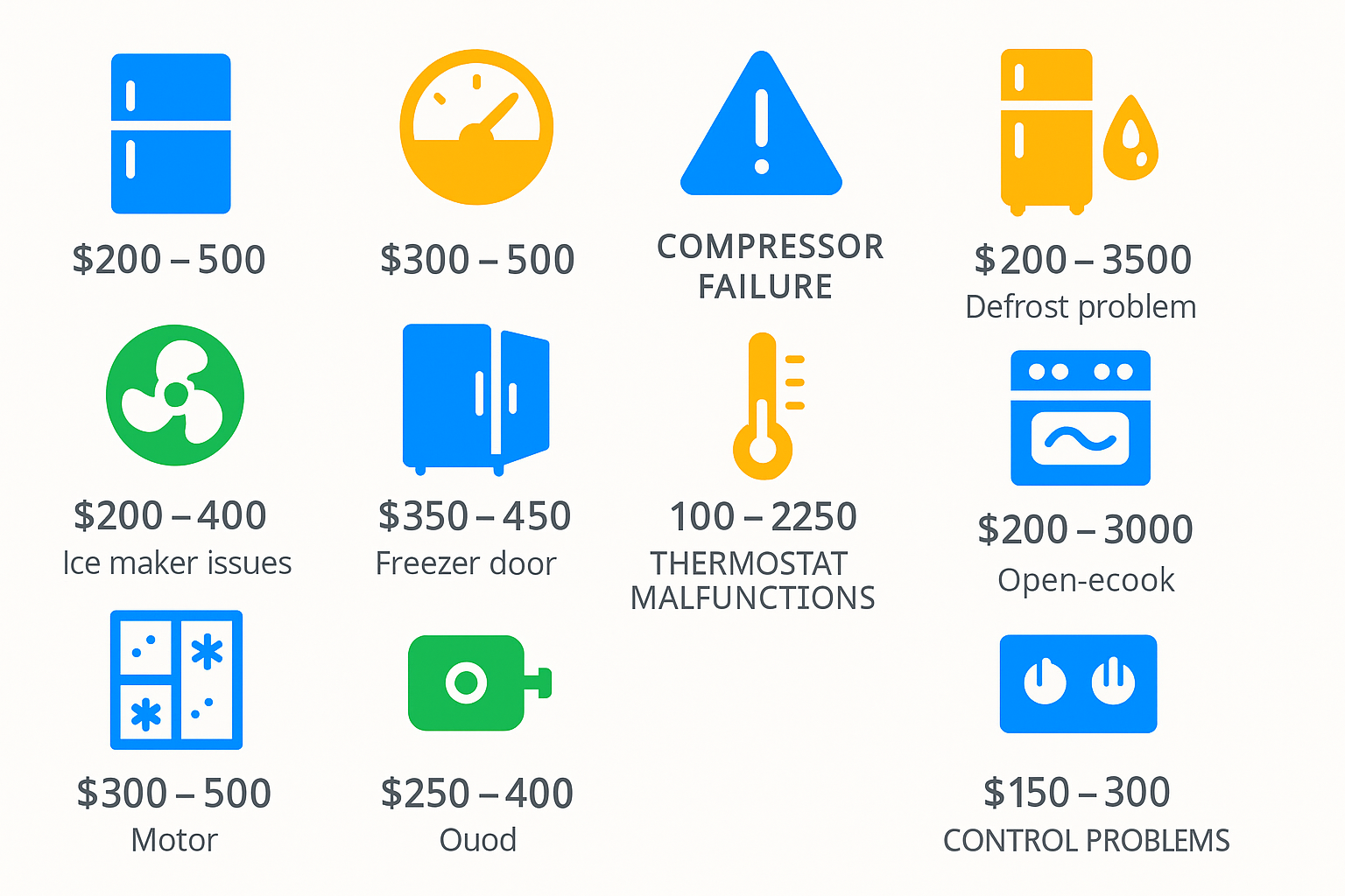 Infographic visualizing common Sub Zero appliance issues and average repair costs in Brownsville