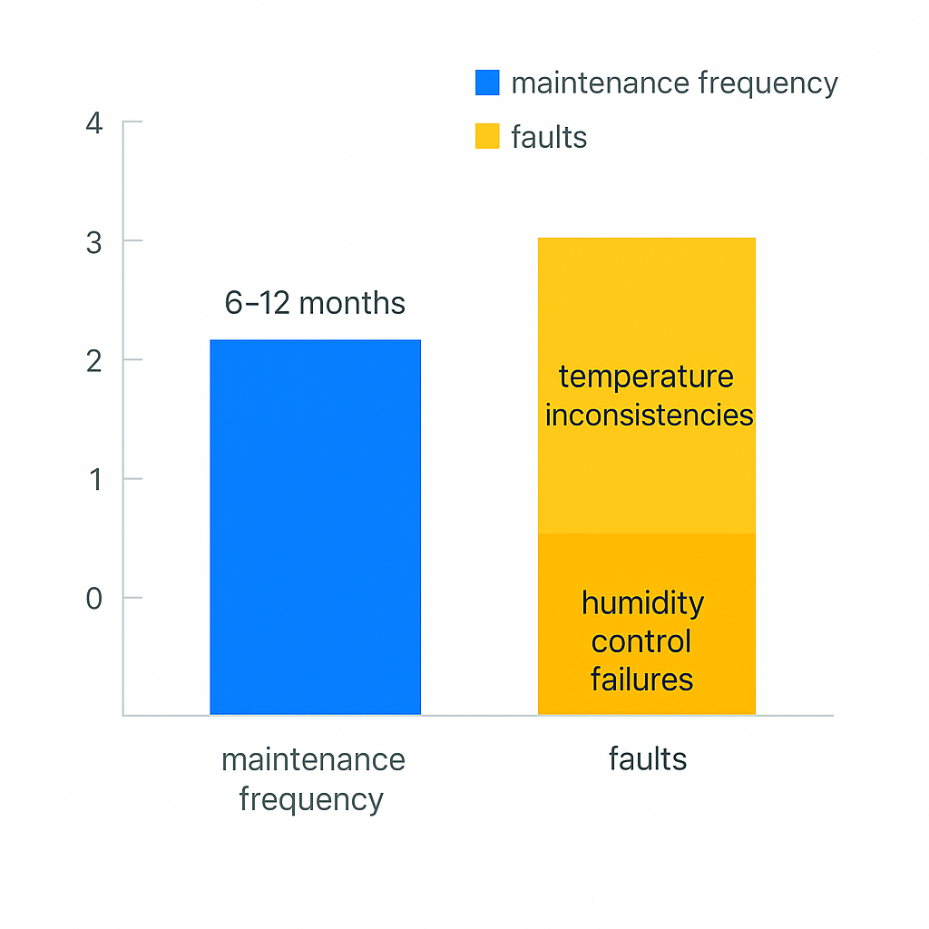 Chart showing maintenance frequency recommendations and common wine cooler faults in humid climates like Brownsville