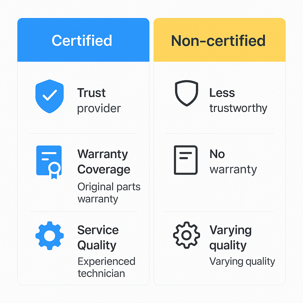 Comparison chart of certified vs non-certified Sub Zero service providers highlighting trust, warranty, and quality in Brownsville