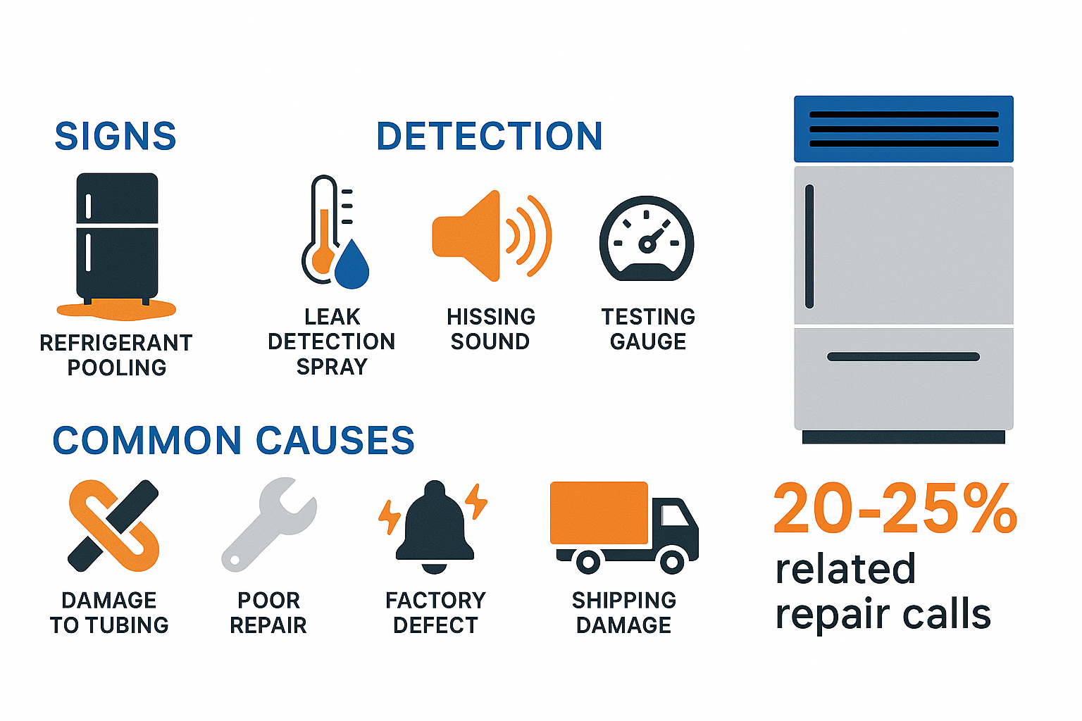 Step-by-step infographic depicting coolant leak signs and detection in Sub Zero refrigerators