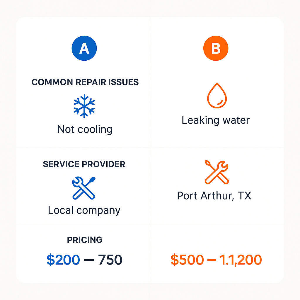 Comparison chart of common Sub Zero refrigerator repair issues and pricing in Port Arthur