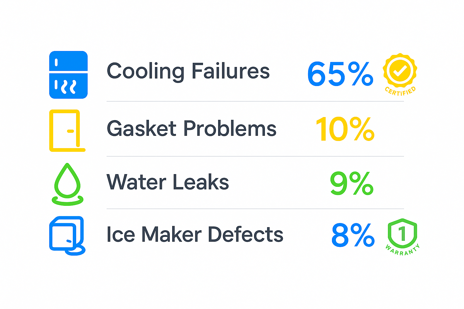 Infographic showing top 5 common Sub Zero refrigerator issues with repair frequency percentages