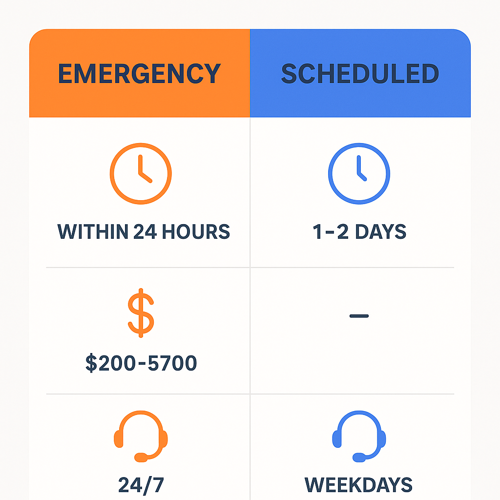 Comparison chart of emergency versus scheduled Wolf Sub Zero repair services and pricing in Grand Prairie.