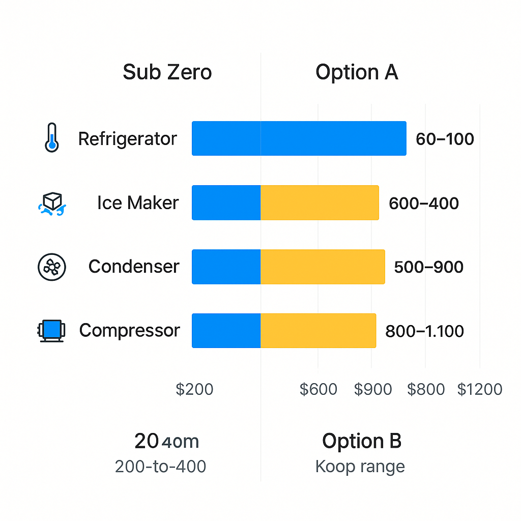 Side-by-side comparison chart of typical Sub Zero refrigerator repair costs by issue and local service providers
